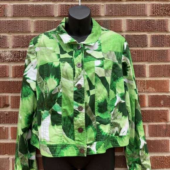 Yest Green Floral Leaves Cotton blend Lightweight Spring Jacket Sz 14-16 - Picture 1 of 7